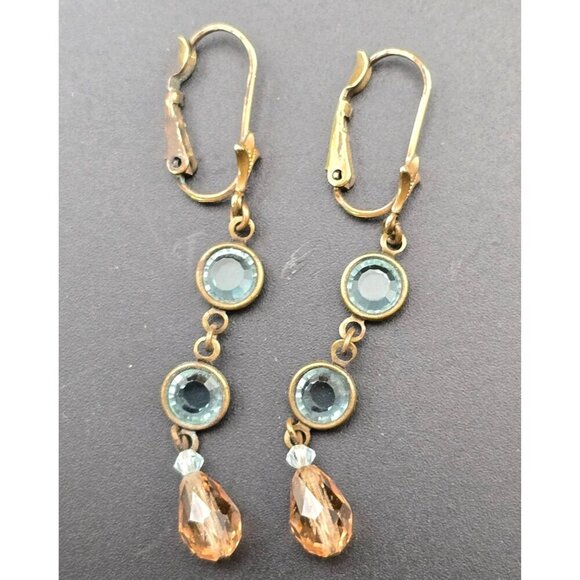 Vintage Liz Palacios Gold Tone Blue & Peach Swarovski Dangle Earrings Lever-back - Picture 8 of 9